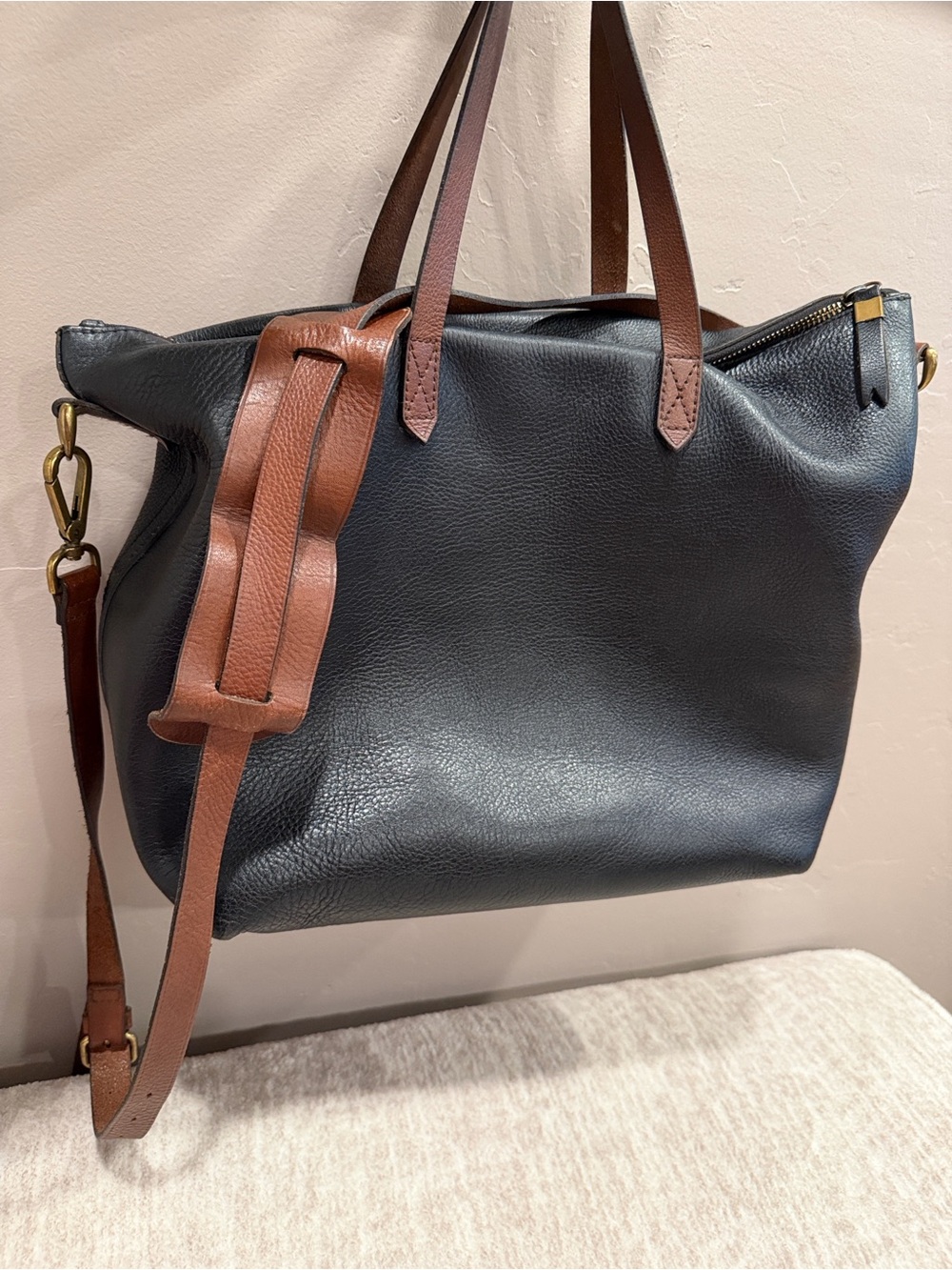 Madewell‎ Black Shoulder Tote with Brown Straps #MW4